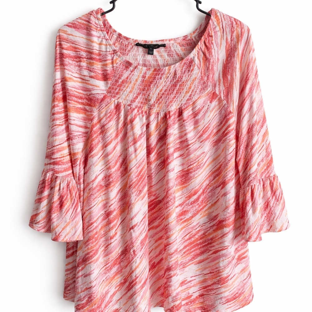 Smocked Yoke Pink Multi-Stripe Flutter Sleeve Tunic